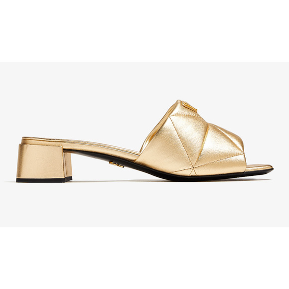 Prada Quilted Leather Diagram Gold Platino Logo Slide Sandal Block Heel 41.5 - Picture 3 of 15